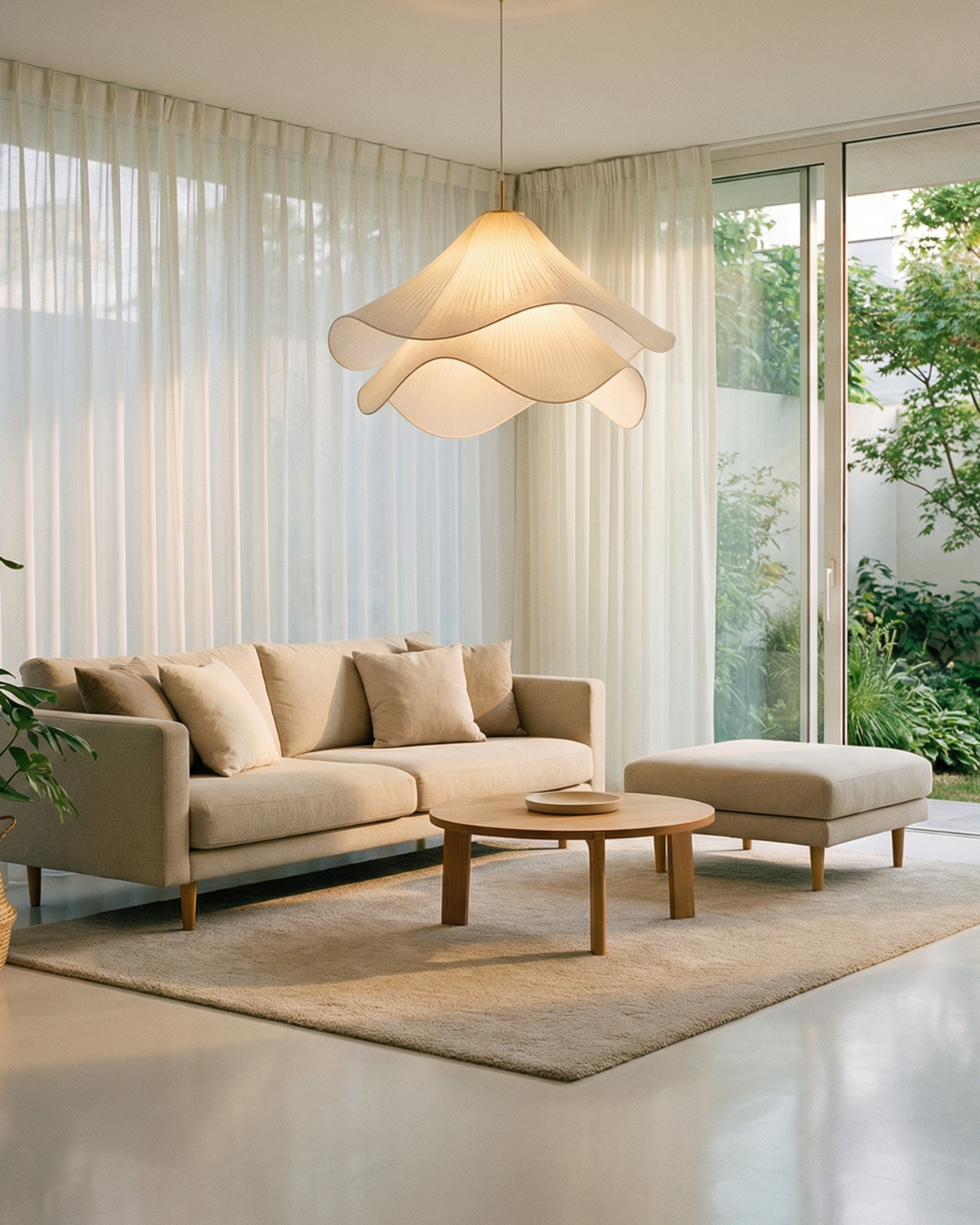 Élégant luminaire suspendu floral avec abat-jour en tissu superposé et accent doré | Restfield